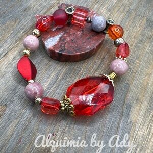 Oversized Rhodonite beaded bracelet/chunky colorful maximalism